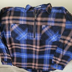Maurices Blue and Brown Plaid Half-Zip Flannel Top